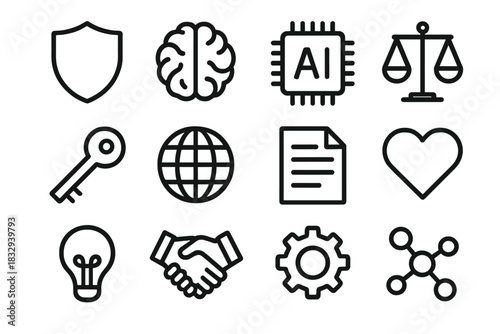 Iconic Technology Symbols. Trustworthy Technology Icons linear icon set: shield, brain, AI chip, scale, key, globe, document, heart, light bulb, handshake, gear, data node