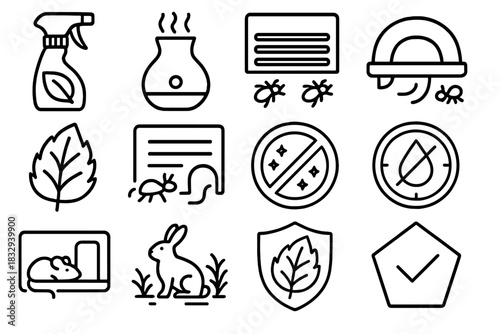 Eco-Friendly Pest Control Icons. Non-Toxic Pest Control Set linear icon set: herbal spray bottle, essential oil diffuser, pest barrier strip, natural bait station, plant-based