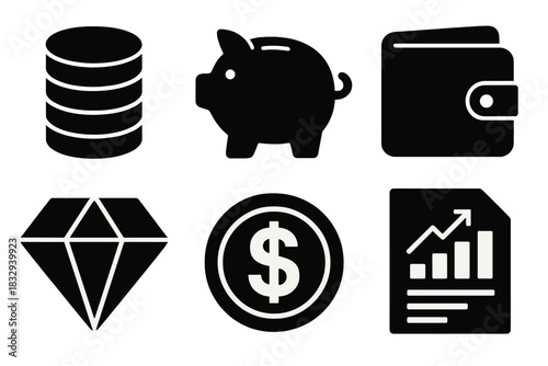 Bold Wealth Icons. Personal wealth silhouette icon set. coin stack, piggy bank, wallet, diamond, dollar coin, document chart.