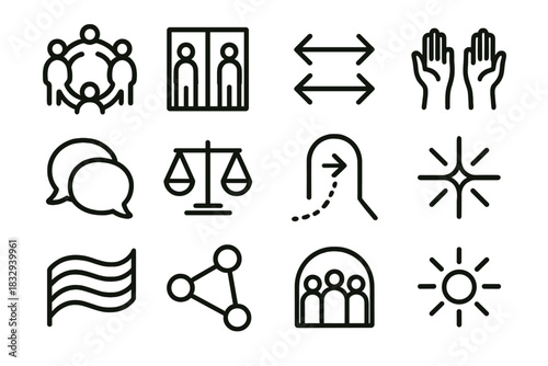 Freedom Icons Collection. Social Freedom Icons linear icon set: open community circle, shared space icon, equal movement arrows, unity release symbol, open-dialogue bubble, rights