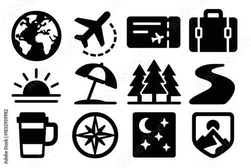 Bold Travel Icons. Global Adventure Collection silhouette icon set: world map, airplane route, boarding pass, travel bag, sunrise horizon, beach umbrella, forest icon, river curve