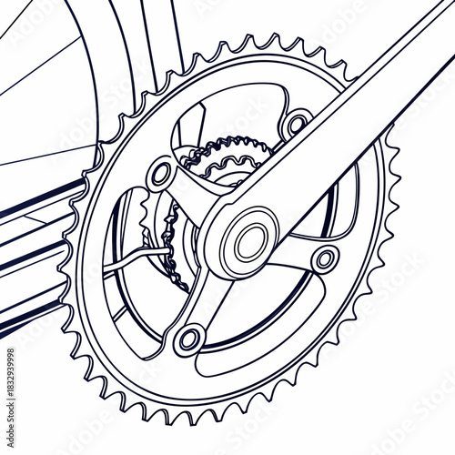 Detailed line art illustration of a bicycle crankset with chainrings and crank arm showcasing mechanical precision and cycling component design