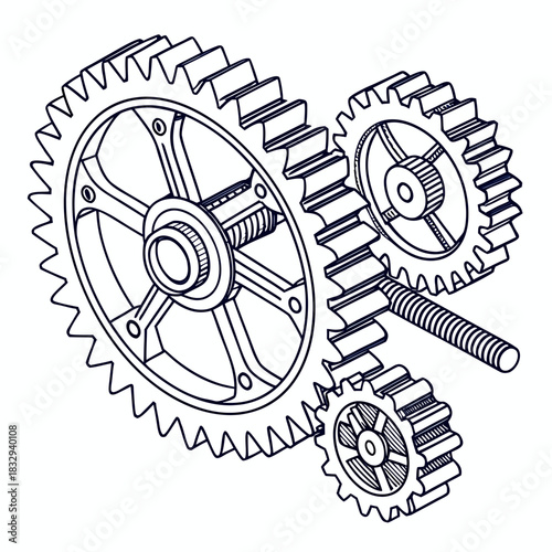 Detailed isometric line drawing of three interconnected gears and a threaded rod illustrating mechanical engineering and complex machinery in a clean technical illustration style