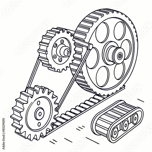 Detailed line art illustration of a complex mechanical timing belt system with multiple gears and a separate track mechanism on a white background