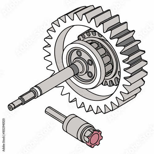 Close up isometric illustration of a complex mechanical gear assembly with a shaft and bearing alongside a separate gear component with a highlighted pink gear tip
