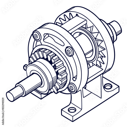 Detailed isometric line drawing of a complex mechanical gear assembly with a central shaft and support base showcasing intricate engineering and precision components