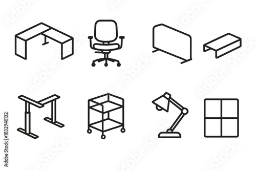 Adaptive Office Icons. Adaptive Office Setup linear icon set: modular desk, rolling chair, divider panel, cable channel, standing desk frame, mobile cart, task lamp, layout grid