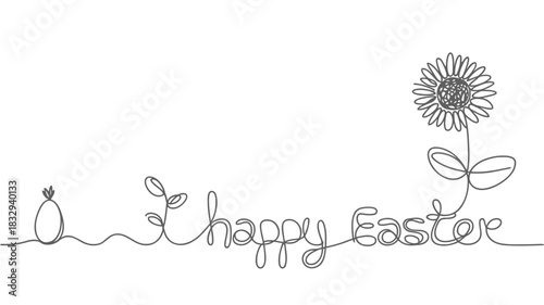 Minimalist single line drawing of an easter egg and sunflower with happy easter text