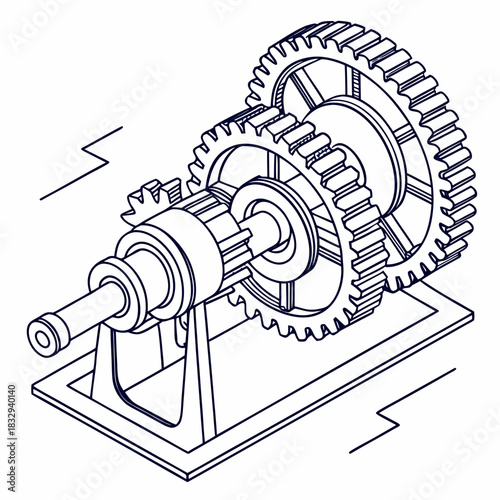 Detailed isometric line drawing of a complex mechanical gear system with multiple interlocking gears and shafts mounted on a stand representing engineering and innovation