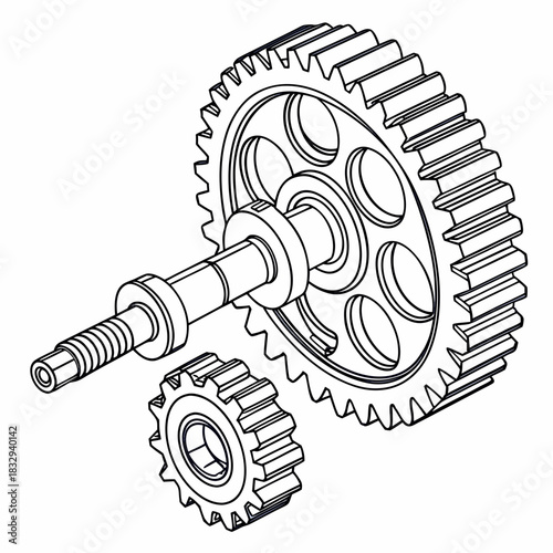Detailed isometric line drawing of a mechanical camshaft with two gears one large and one small showcasing intricate engineering and precision components for industrial applications