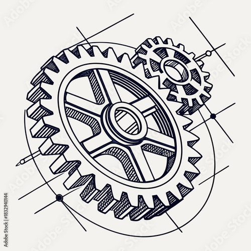 Detailed blueprint illustration of two interlocking gears with intricate shading and technical drawing lines representing mechanical engineering and precision