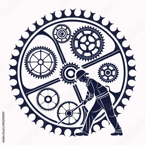 A solitary silhouette of a worker in a hard hat diligently turning a large gear with a lever amidst a complex arrangement of interlocking mechanical gears and cogs