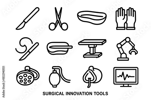 Surgical Tools Illustration. Surgical Innovation Tools linear icon set. scalpel, surgical scissors, forceps, retractor, suture needle, surgical tray, operating table, sterile