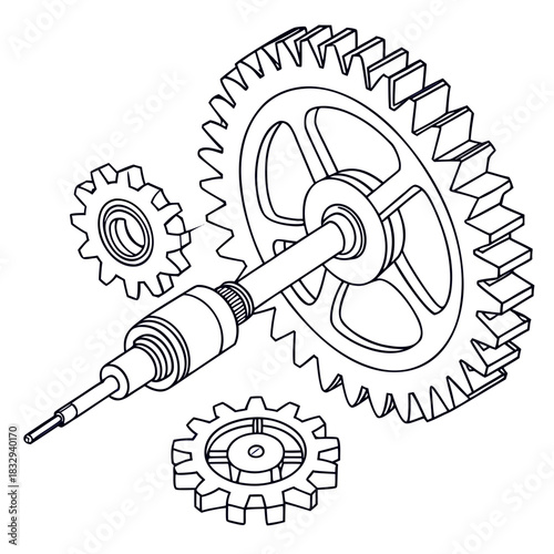 Detailed isometric line drawing of interlocking gears and a rotating shaft with intricate mechanical components on a clean white background representing engineering and precision