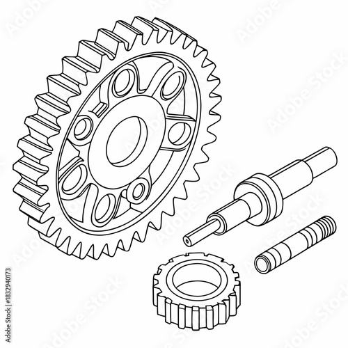 Detailed isometric line drawing illustration of various mechanical gears and shafts showcasing precision engineering components for industrial machinery and automotive applications