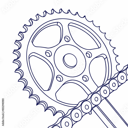 Close up illustration of a bicycle chainring and chain in a clean outline drawing style on a white background
