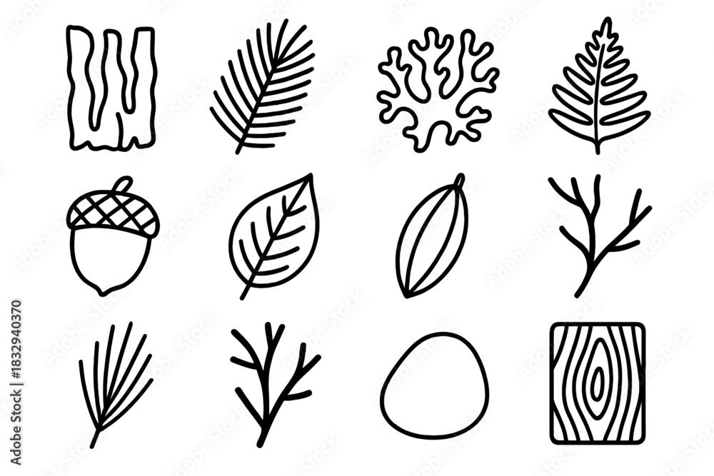 Fototapeta premium Nature Icon Set. Natural Elements linear icon set. bark, pine sprig, moss, fern, acorn, leaf, seed pod, twig, pine needle, small branch, pebble, wood grain