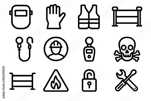 Industrial Safety Symbols. Industrial Safety Icons linear icon set: welding shield, heat-resistant glove, high-visibility marker, secure railing, fall protection line, confined