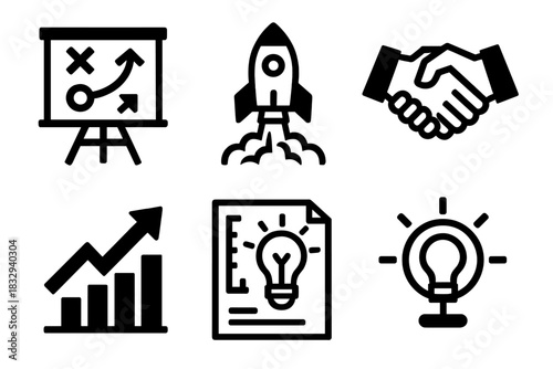 Bold Business Icons. Business Innovation silhouette icon set. strategy chart, startup launch, handshake deal, growth arrow, product sketch, innovation hub.