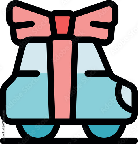 Cartoon car wrapped with a big festive ribbon, symbolizing a generous gift or winning a vehicle prize