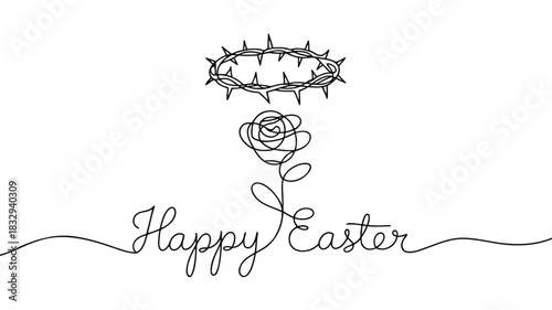 Elegant single line drawing of a crown of thorns above a rose with happy easter text