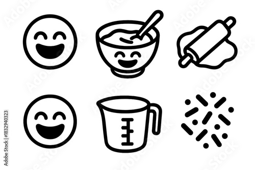 Baking Icon Set. Cooking Fun linear icon set. laughing faces, mixing bowl, rolling pin, dough, measuring cup, sprinkles