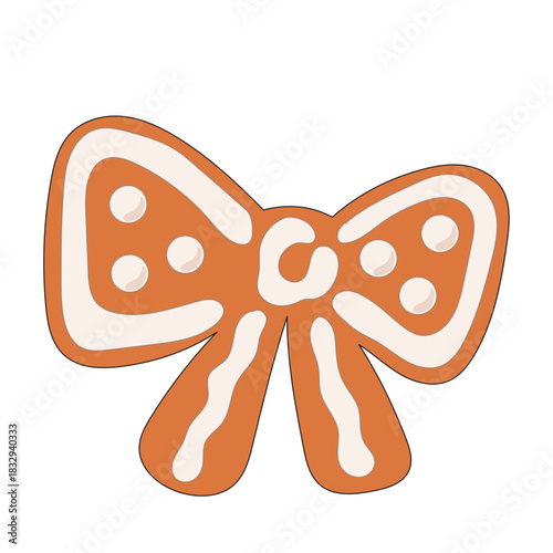 Christmas Gingerbread Cookie Icon. Bow Sweet  Icing Baked Holiday Symbol. Happy New Year Family Party Snack. Greeting Card Design Element. Vintage Gift Biscuit Art