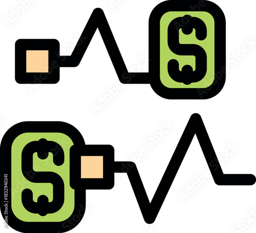 Simple money transfer and exchange rate fluctuation icon with dollar sign and line graph