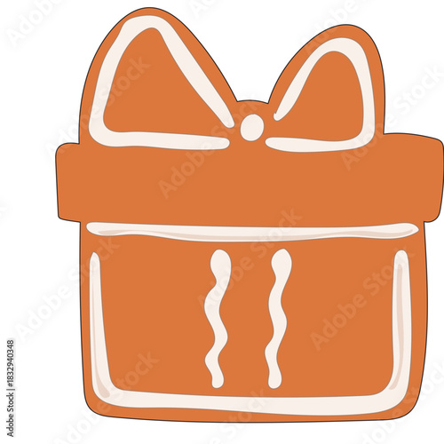 Christmas Gingerbread Cookie Icon. Gift Box Sweet  Icing Baked Holiday Symbol. Happy New Year Family Party Snack. Greeting Card Design Element. Vintage Gift Biscuit Art