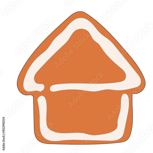 Christmas Gingerbread Cookie Icon. Santa House Sweet  Icing Baked Holiday Symbol. Happy New Year Family Party Snack. Greeting Card Design Element. Vintage Gift Biscuit Art