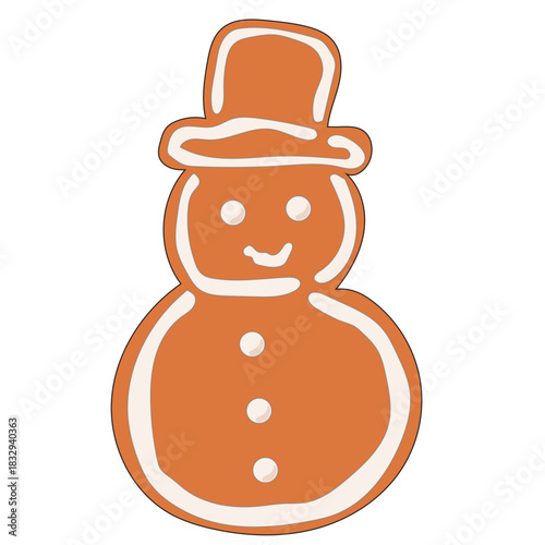 Christmas Gingerbread Cookie Icon. Snowman Sweet  Icing Baked Holiday Symbol. Happy New Year Family Party Snack. Greeting Card Design Element. Vintage Gift Biscuit Art