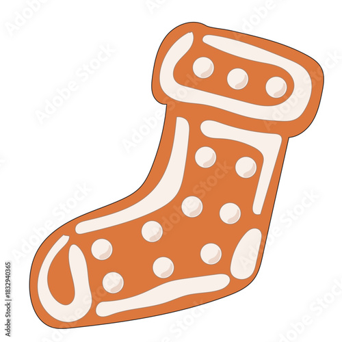Christmas Gingerbread Cookie Icon. Santa Sock Sweet  Icing Baked Holiday Symbol. Happy New Year Family Party Snack. Greeting Card Design Element. Vintage Gift Biscuit Art
