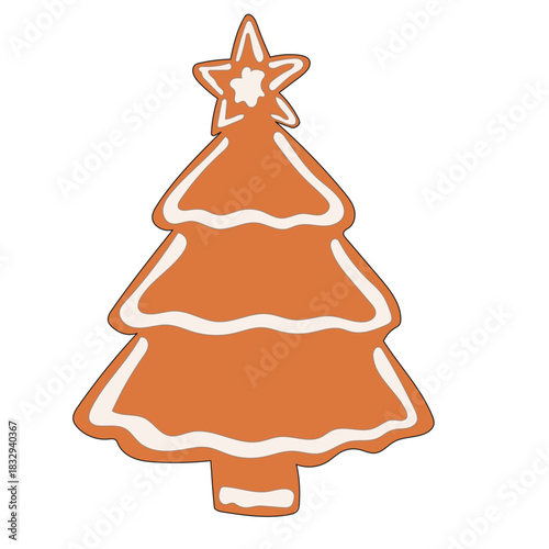 Christmas Gingerbread Cookie Icon. Christmas Tree Sweet  Icing Baked Holiday Symbol. Happy New Year Family Party Snack. Greeting Card Design Element. Vintage Gift Biscuit Art
