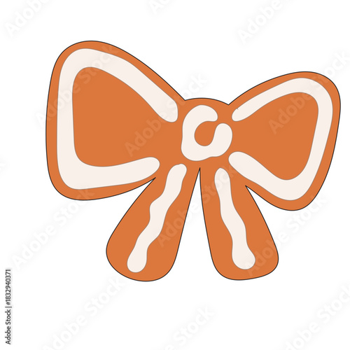 Christmas Gingerbread Cookie Icon. Bow Sweet  Icing Baked Holiday Symbol. Happy New Year Family Party Snack. Greeting Card Design Element. Vintage Gift Biscuit Art