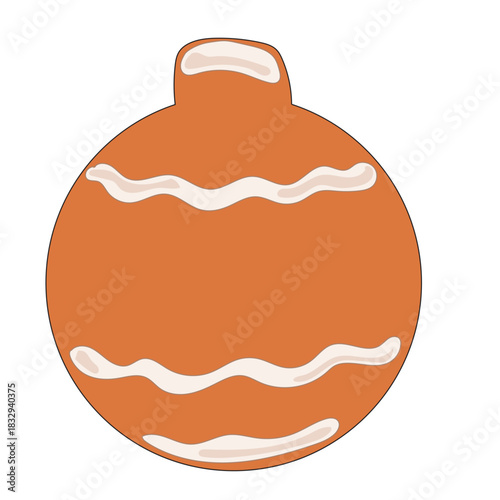 Christmas Gingerbread Cookie Icon. Glass Ball Toy Sweet  Icing Baked Holiday Symbol. Happy New Year Family Party Snack. Greeting Card Design Element. Vintage Gift Biscuit Art