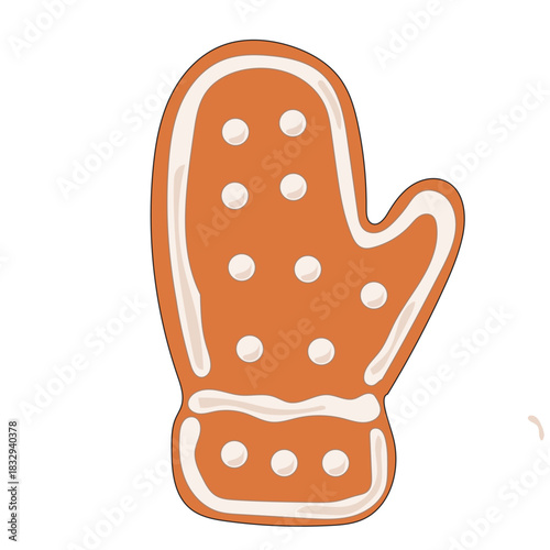 Christmas Gingerbread Cookie Icon. Santa Mitten  Sweet  Icing Baked Holiday Symbol. Happy New Year Family Party Snack. Greeting Card Design Element. Vintage Gift Biscuit Art