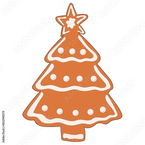 Christmas Gingerbread Cookie Icon. Christmas Tree Sweet  Icing Baked Holiday Symbol. Happy New Year Family Party Snack. Greeting Card Design Element. Vintage Gift Biscuit Art