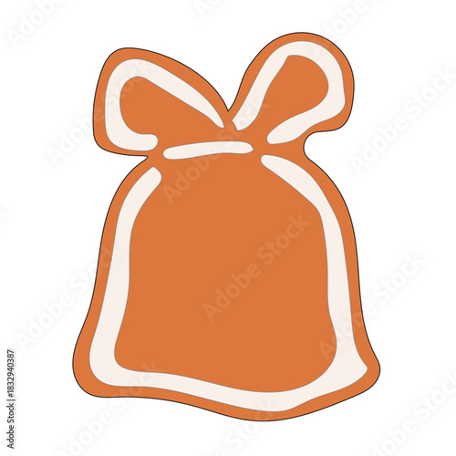 Christmas Gingerbread Cookie Icon. Santa Gift Bag Sweet  Icing Baked Holiday Symbol. Happy New Year Family Party Snack. Greeting Card Design Element. Vintage Gift Biscuit Art