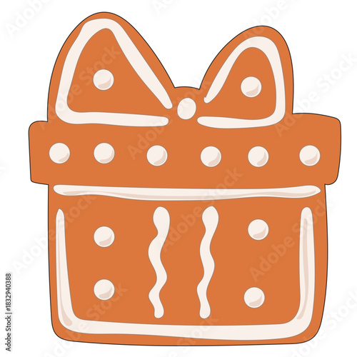Christmas Gingerbread Cookie Icon. Gift Box Sweet  Icing Baked Holiday Symbol. Happy New Year Family Party Snack. Greeting Card Design Element. Vintage Gift Biscuit Art
