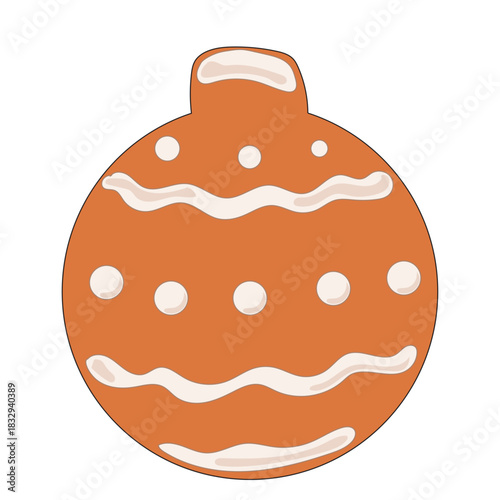 Christmas Gingerbread Cookie Icon. Glass Ball Toy Sweet  Icing Baked Holiday Symbol. Happy New Year Family Party Snack. Greeting Card Design Element. Vintage Gift Biscuit Art