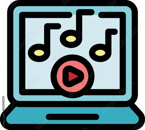 Music notes and play button displayed on a laptop screen, representing online music streaming and entertainment