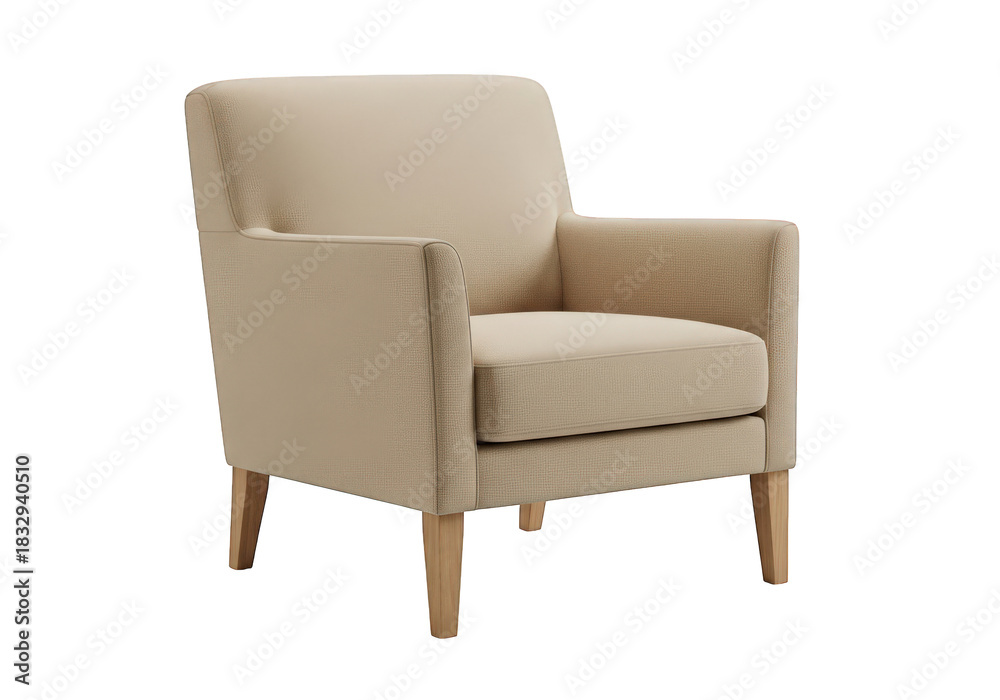 Fototapeta premium Comfortable single beige armchair with wooden legs furniture on transparent background
