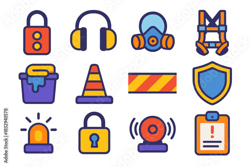 Workplace Safety Icons. Workplace Protection flat icon set: lockout tag, ear protection muffs, respirator mask, safety harness, spill kit, barrier cone, hazard tape, protective