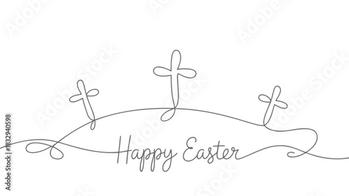 Minimalist continuous line drawing of three crosses and the words happy easter on a white background