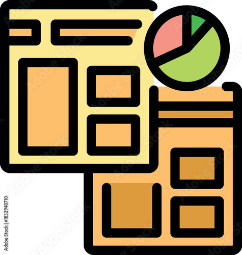 Wireframes representing web design project with a pie chart indicating data analysis