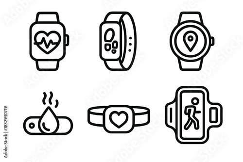 Fitness Wearable Icons. Fitness Wearables linear icon set. heart rate monitor, step counter band, GPS sports watch, sweat sensor, chest strap, running armband.