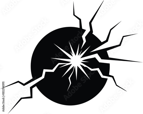 Cracked black circle with radiating lines on a white background.