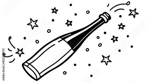 Popping champagne bottle, surrounded by stars