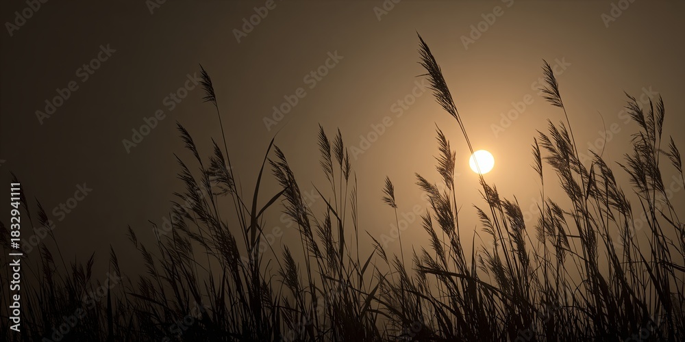 Obraz premium A silhouette of tall, swaying wheat grass against a soft, hazy moonlit sky, subtle warm glow, shallow depth of field, peaceful and evocative summer night.