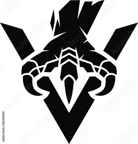 Stylized black bird head with sharp beak and geometric wings forming a V shape.